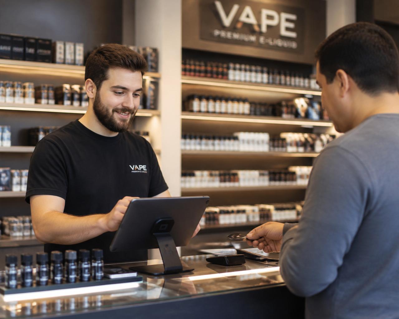 Customer checking out at a modern vape shop counter with a tablet POS